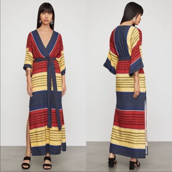 BCBGMAXAZRIA Kimono Striped Faux Wrap Casual Maxi Dress Belt Red Yellow Blue XS - Picture 2 of 11